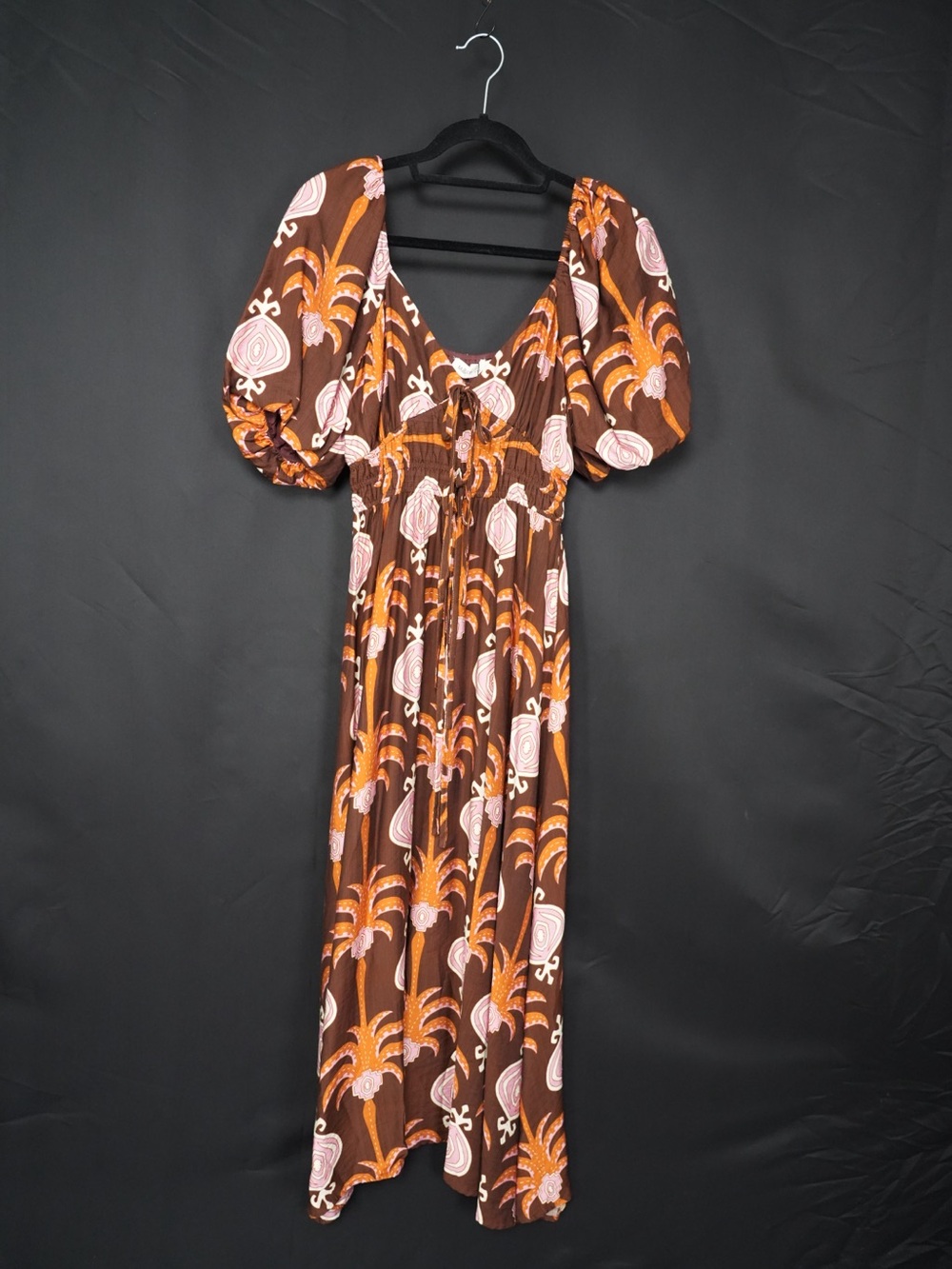 Millibon Brown Maxi Dress with Orange & Pink Palm Print